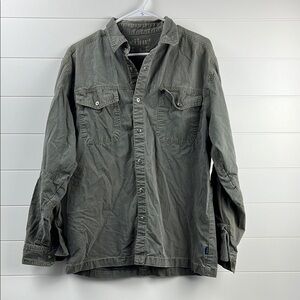 Kuhl mens button down long sleeve olive green distressed size Large